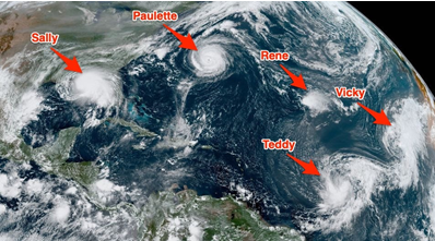 5 tropical storms in Atlantic basin (Photo taken by National Oceanic and Atmospheric Administration's Geostationary Operational Environmental Satellite (GOES))